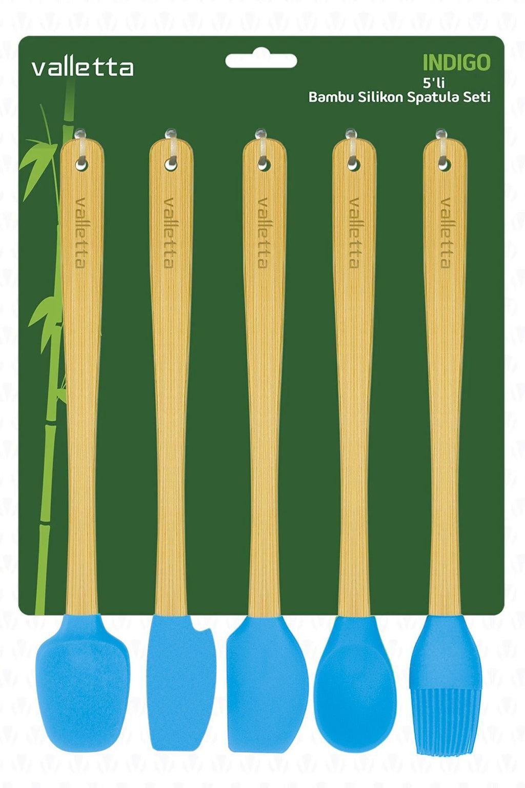 Indigo 5'li Turkuaz Bambu Silikon Spatula Seti Uzun 26 Cm