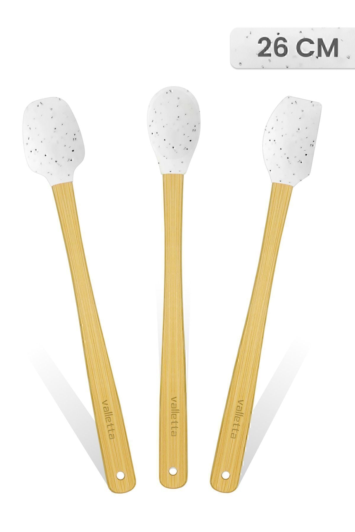 Indigo 3'lü Beyaz Noktalı Bambu Silikon Spatula Seti Uzun 26 cm
