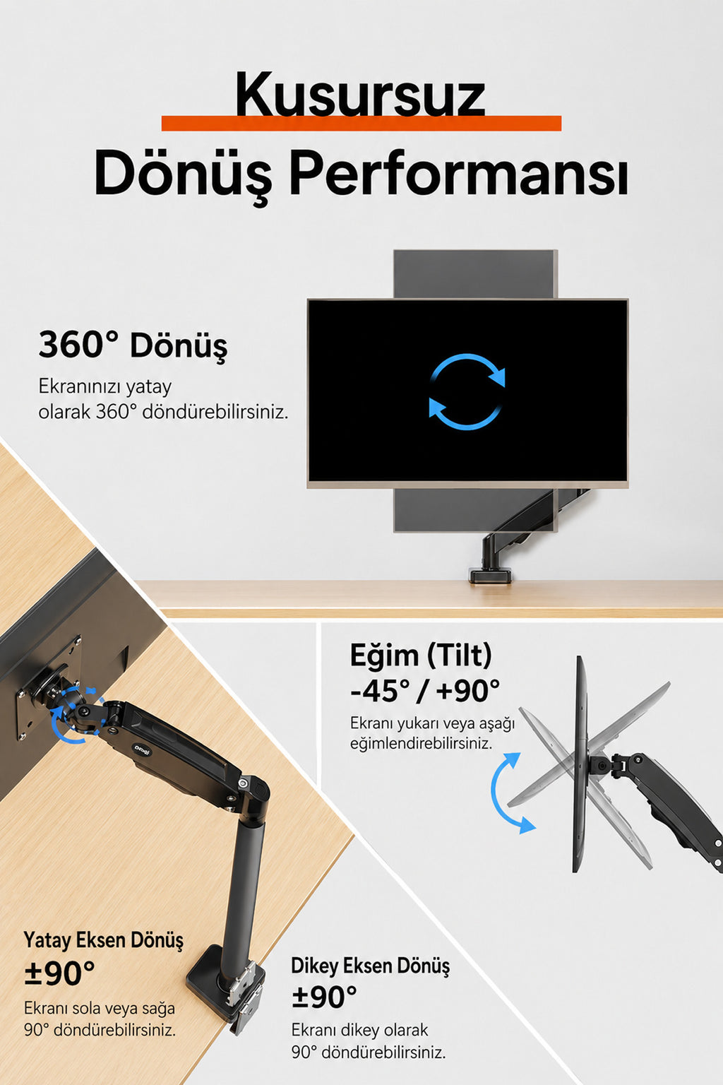 17-32 İnç Amortisörlü Monitör Kolu Tam Hareketli VESA Uyumlu Masa Kelepçeli Monitör Standı (2-9 kg) - Siyah