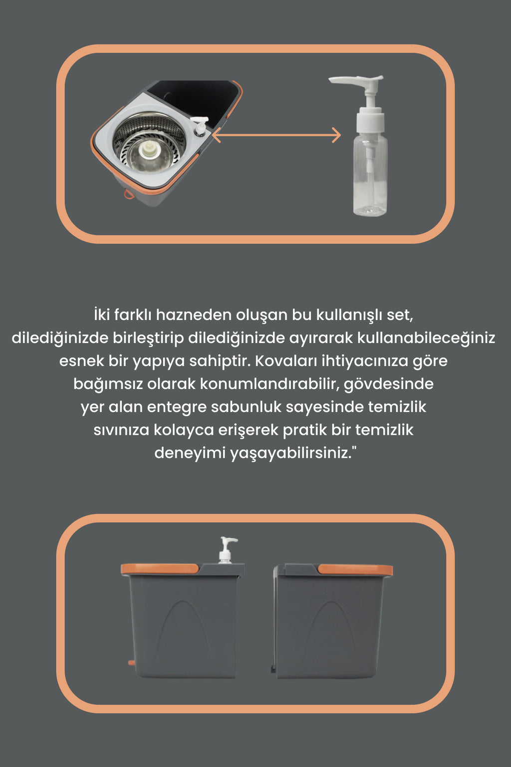 Allegra Sabunluklu Ayrılabilir Çift Kovalı Temizlik Seti - Köşelere Ulaşan Üçgen Başlıklı Döner Mop