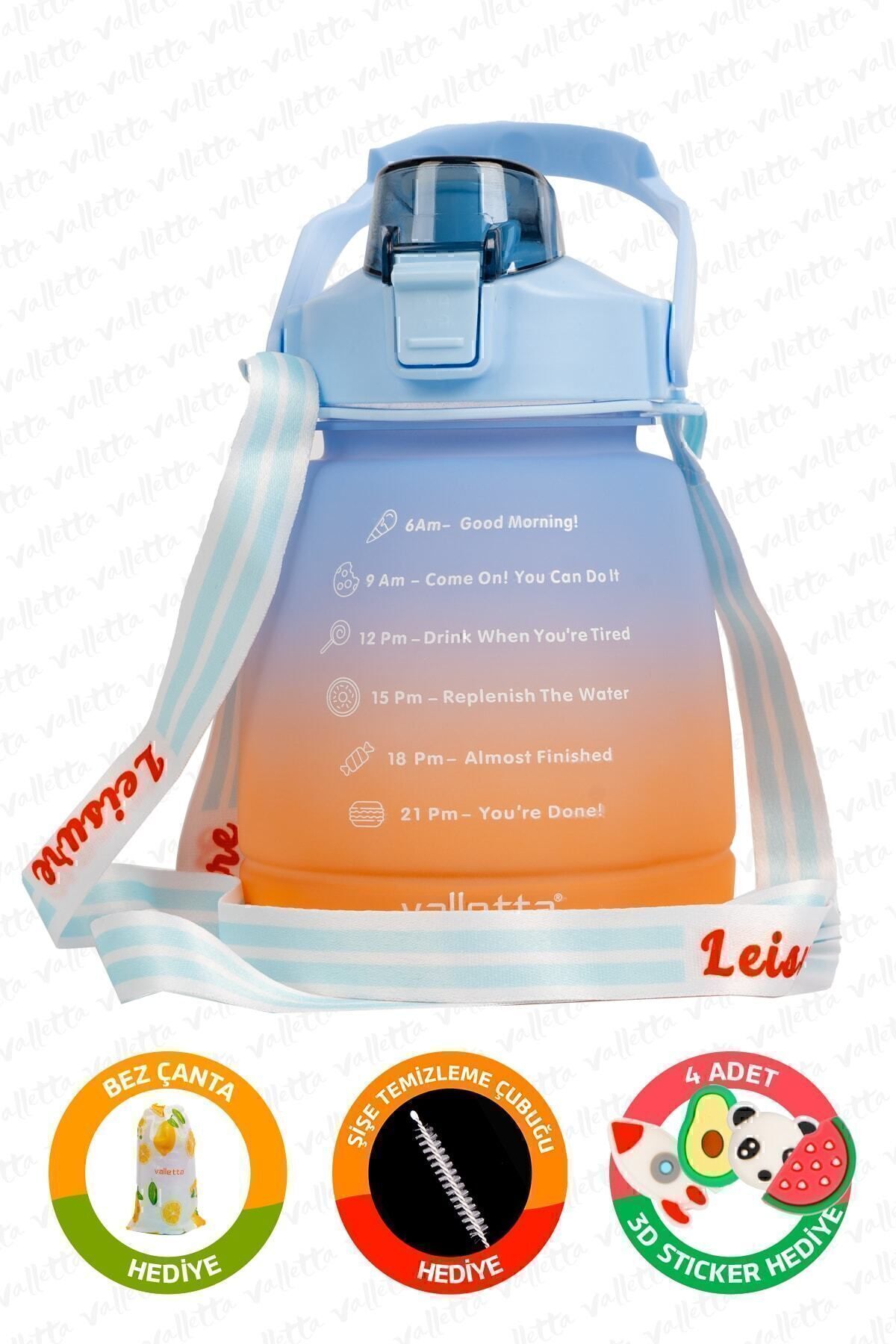 Lusca BPA İçermez Motivasyonel Su Matarası 1,3 LT Mavi-Turuncu Su Matarası,Su Şişesi,Suluk