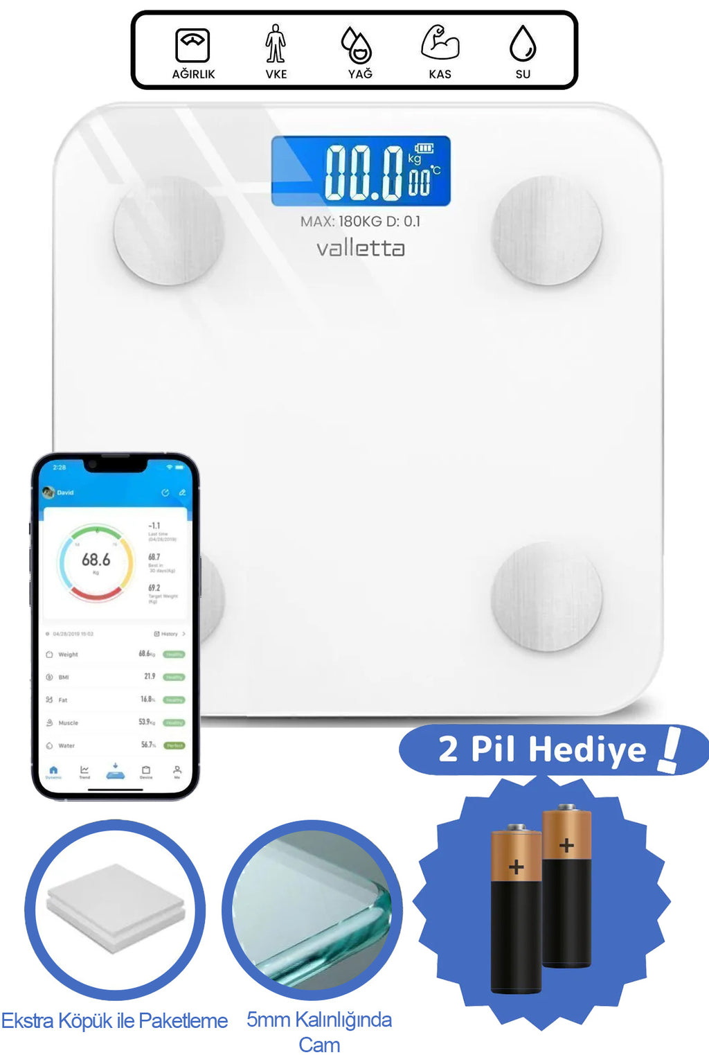 İnferno Pil Hediyeli Dijital Baskül Yağ Su Kas Vücut Kitle Endeksi Kilo Ölçer Tartı Beyaz