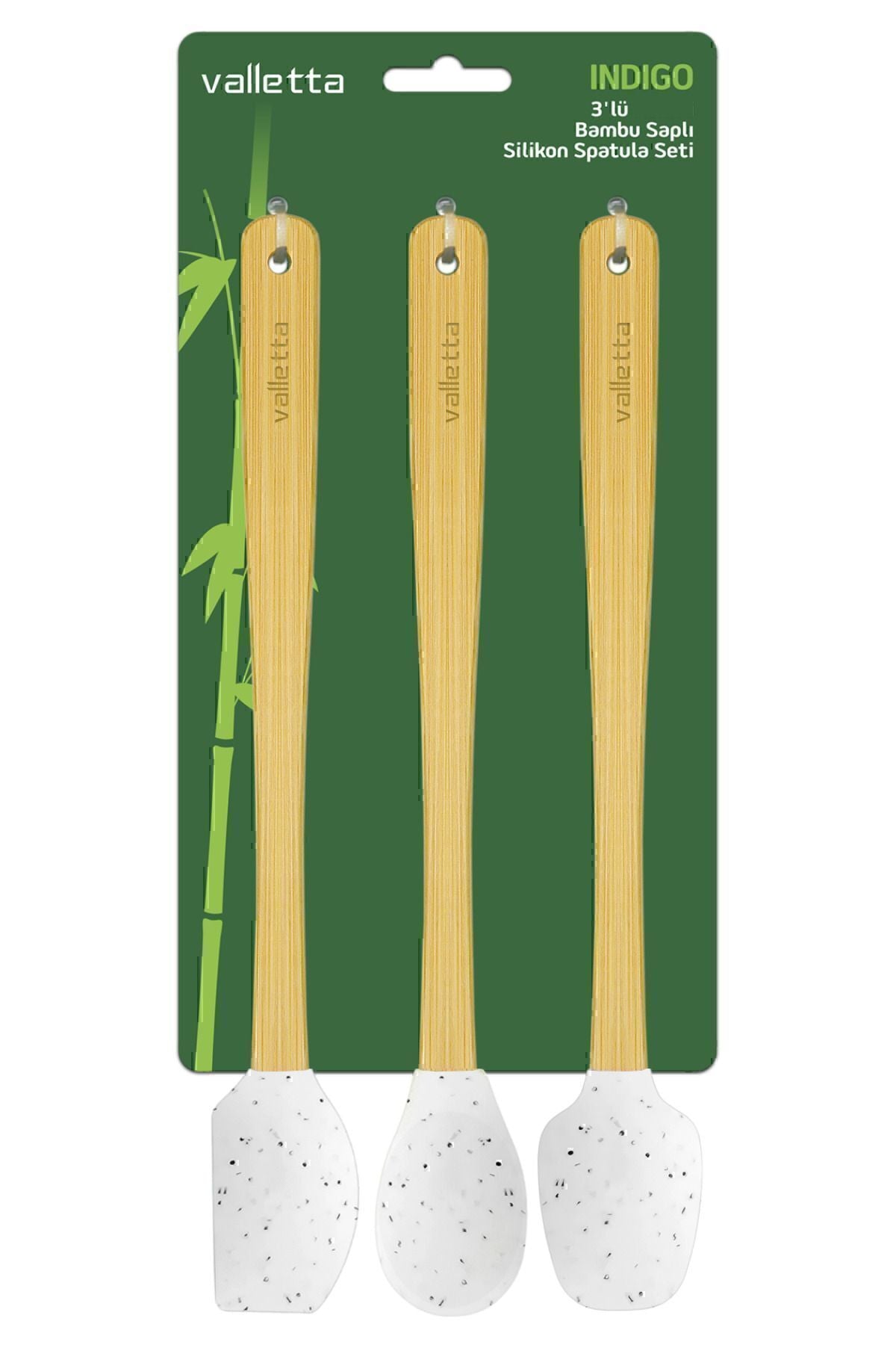 Indigo 3'lü Beyaz Noktalı Bambu Silikon Spatula Seti Uzun 26 cm