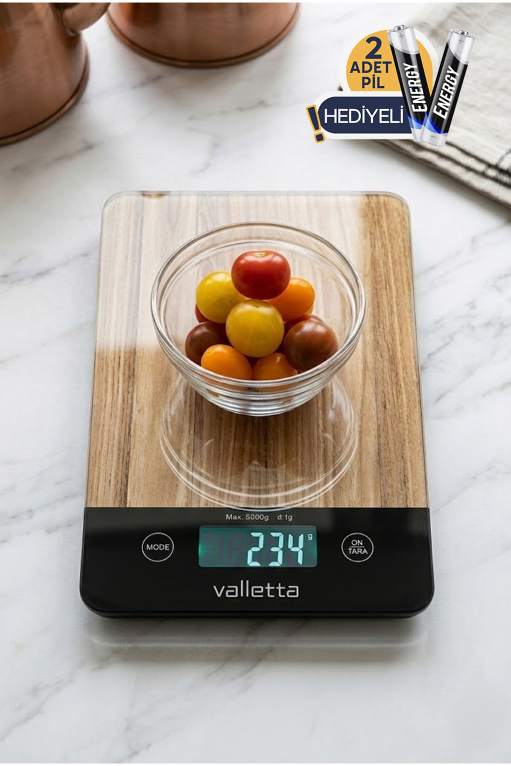 Carioca Pil Hediyeli Ahşap Desenli Dijital Cam Mutfak Tartısı 5 Kg Lcd Ekranlı