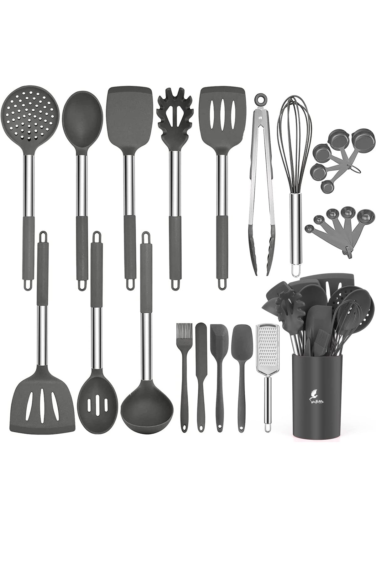 Guojin 26 Parça Paslanmaz Çelik Silikon Uçlu Spatula Mutfak Seti Gri