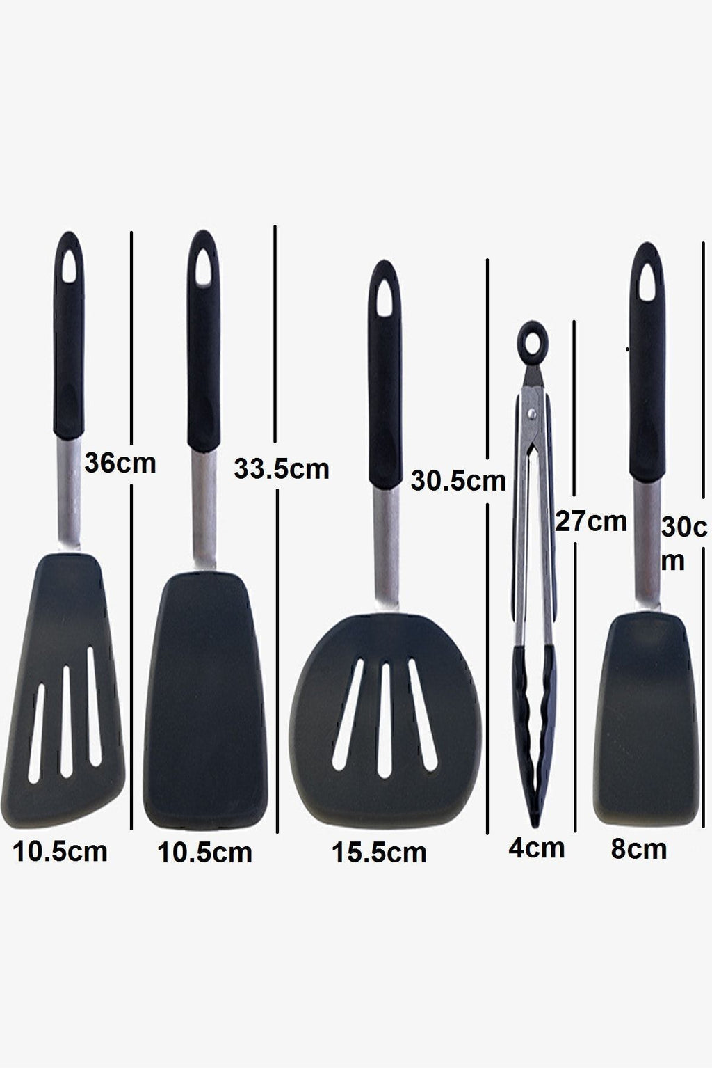 Isıya Dayanıklı Yanmaz Yapışmaz Silikon, Paslanmaz Çelik Spatula Set 5 Prça Siyah