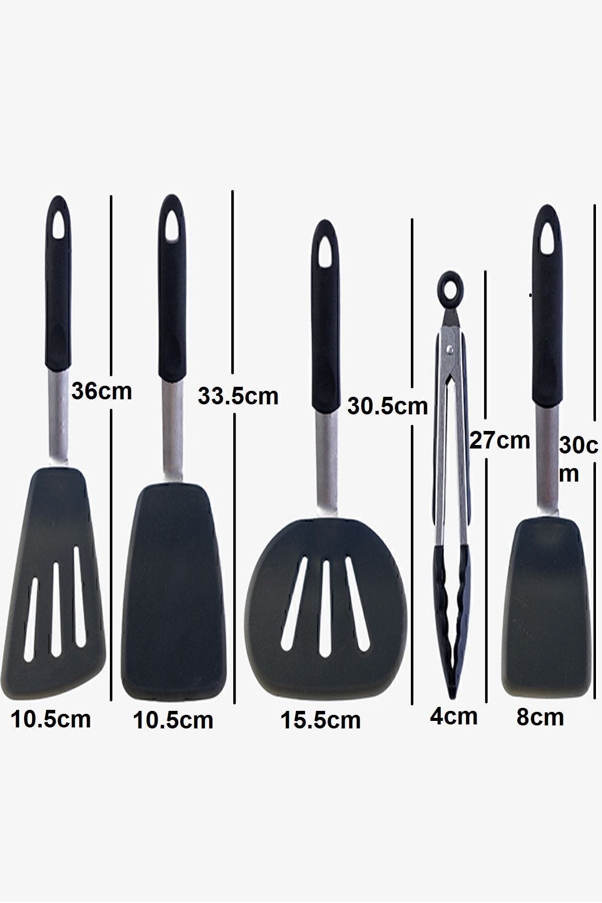 Isıya Dayanıklı Yanmaz Yapışmaz Silikon, Paslanmaz Çelik Spatula Set 5 Prça Siyah