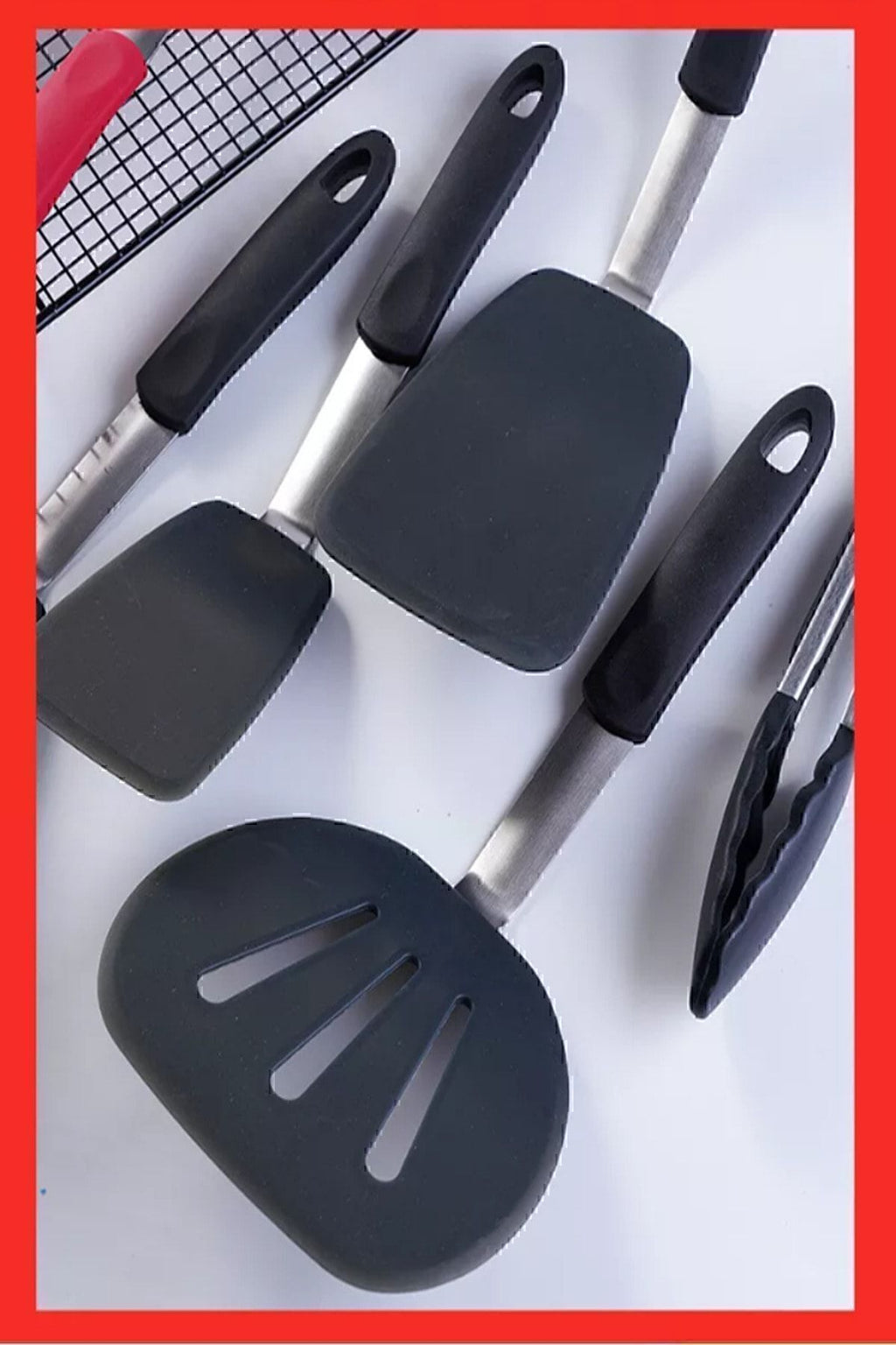 Isıya Dayanıklı Yanmaz Yapışmaz Silikon, Paslanmaz Çelik Spatula Set 5 Prça Siyah