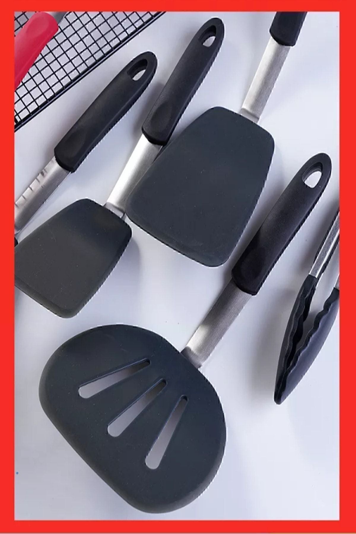 Isıya Dayanıklı Yanmaz Yapışmaz Silikon, Paslanmaz Çelik Spatula Set 5 Prça Siyah