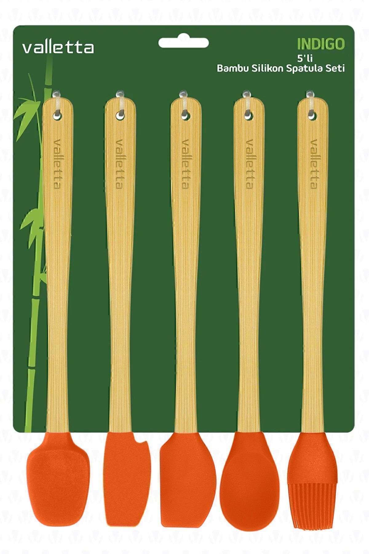 Indigo 5'li Turuncu Bambu Silikon Spatula Seti Uzun 26 Cm