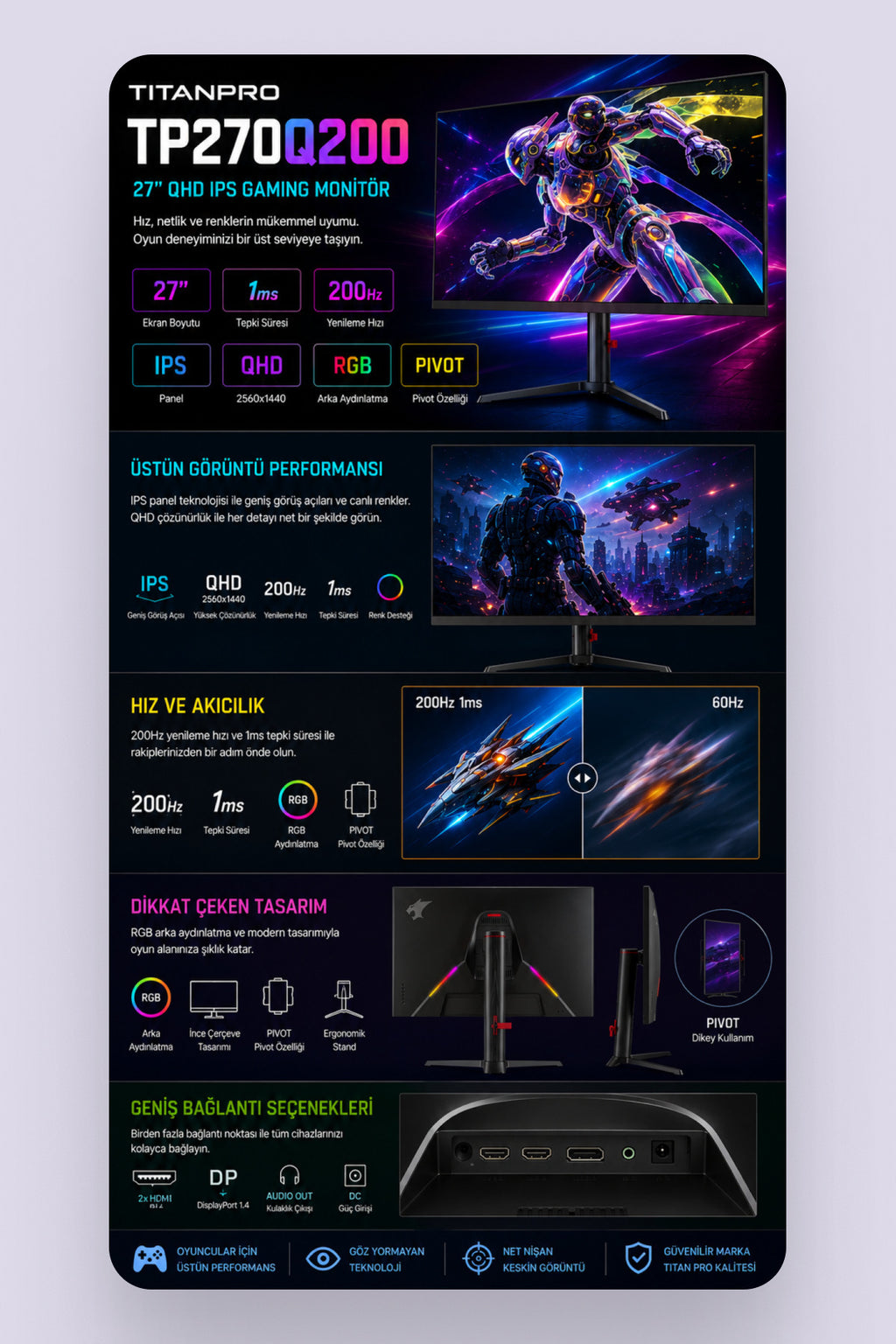 TP270Q200 27" 1MS 200Hz 2K IPS QHD sRGB Dahili Hoparlörlü Pivot Gaming Oyuncu Monitör