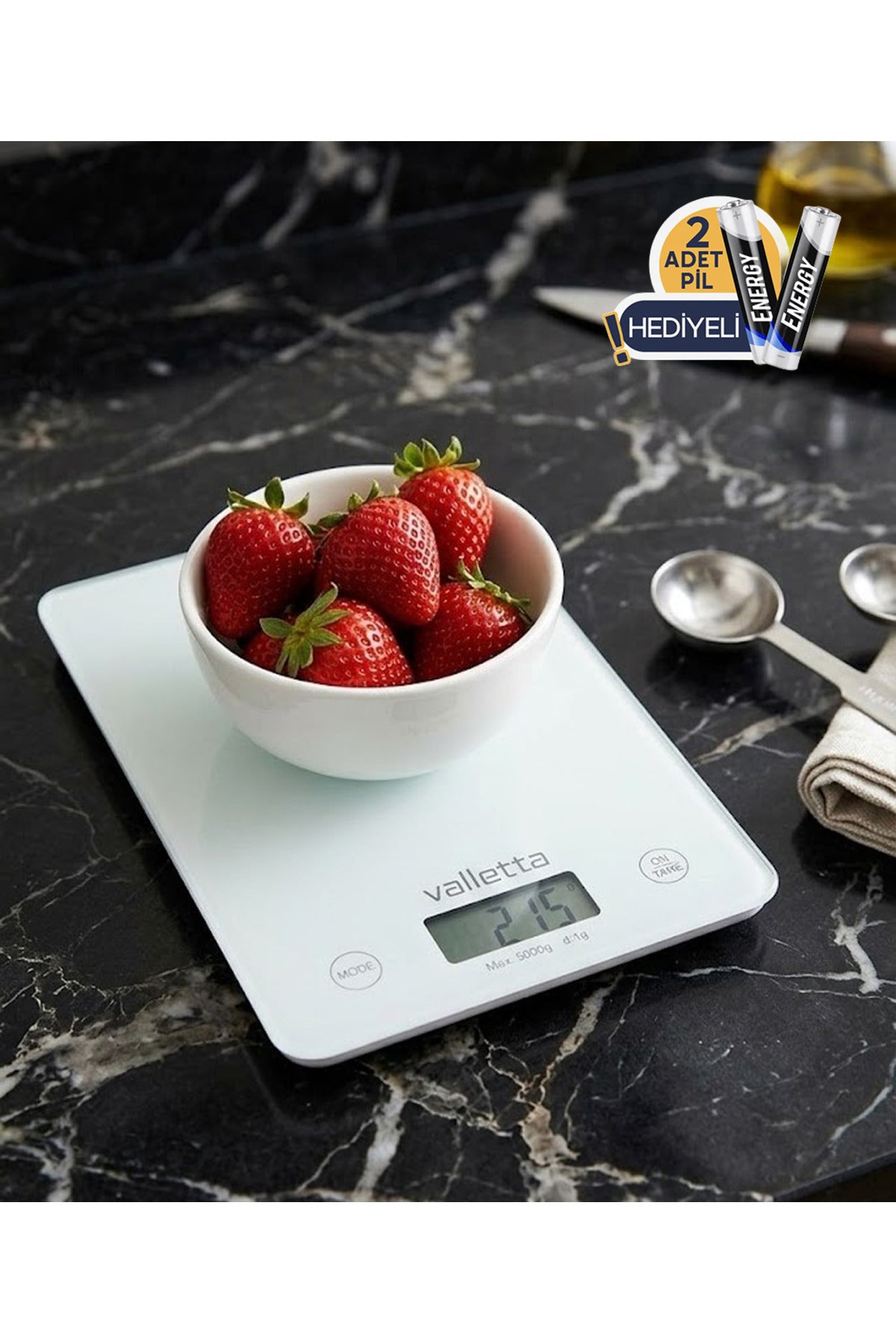 Carioca Pil Hediyeli Dijital Cam Mutfak Tartısı 5 Kg Lcd Ekranlı Beyaz