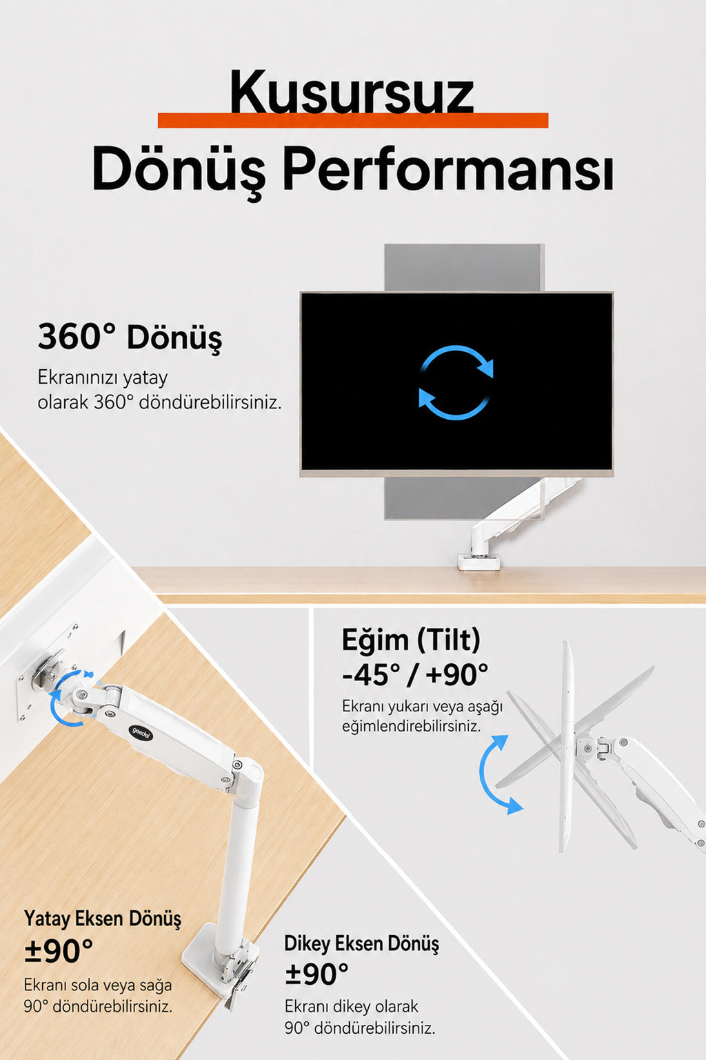 17-32 İnç Amortisörlü Monitör Kolu Tam Hareketli VESA Uyumlu Masa Kelepçeli Monitör Standı (2-9 kg) - BEYAZ