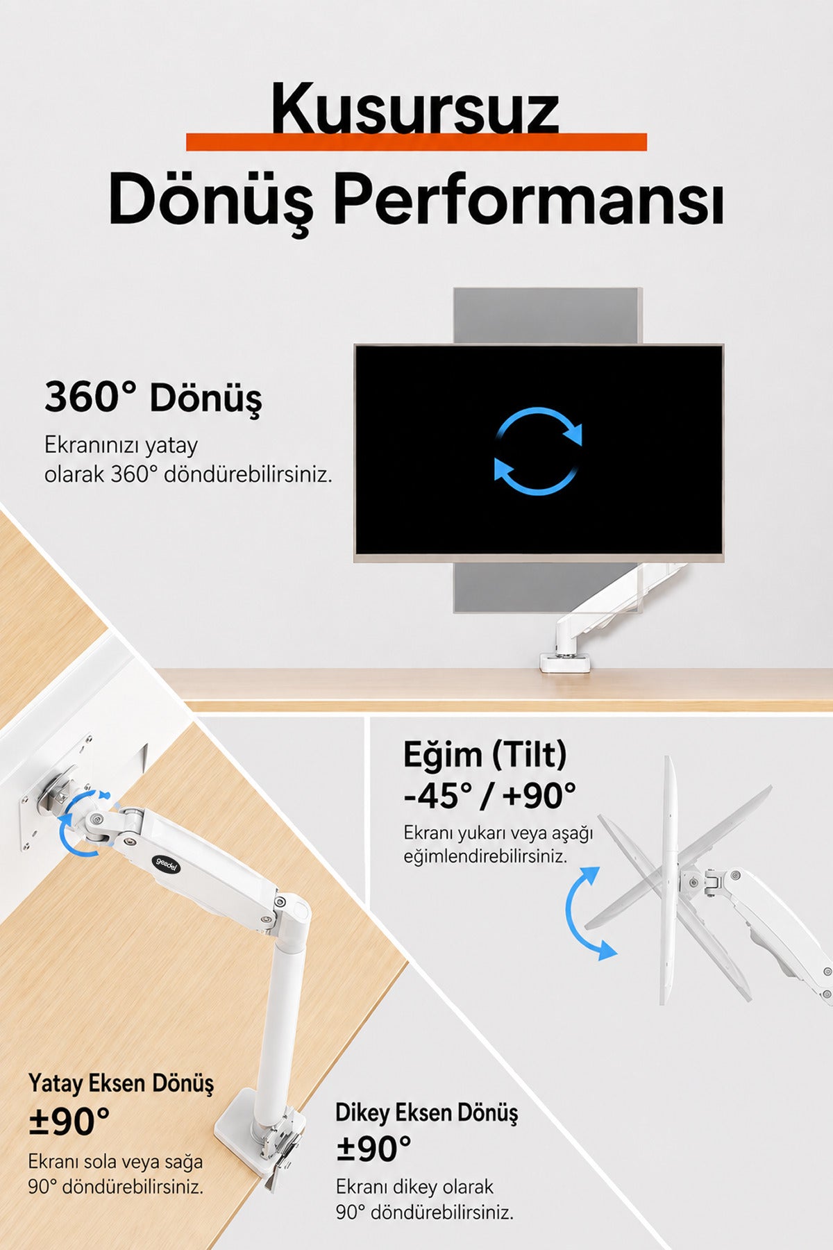 17-32 İnç Amortisörlü Monitör Kolu Tam Hareketli VESA Uyumlu Masa Kelepçeli Monitör Standı (2-9 kg) - BEYAZ