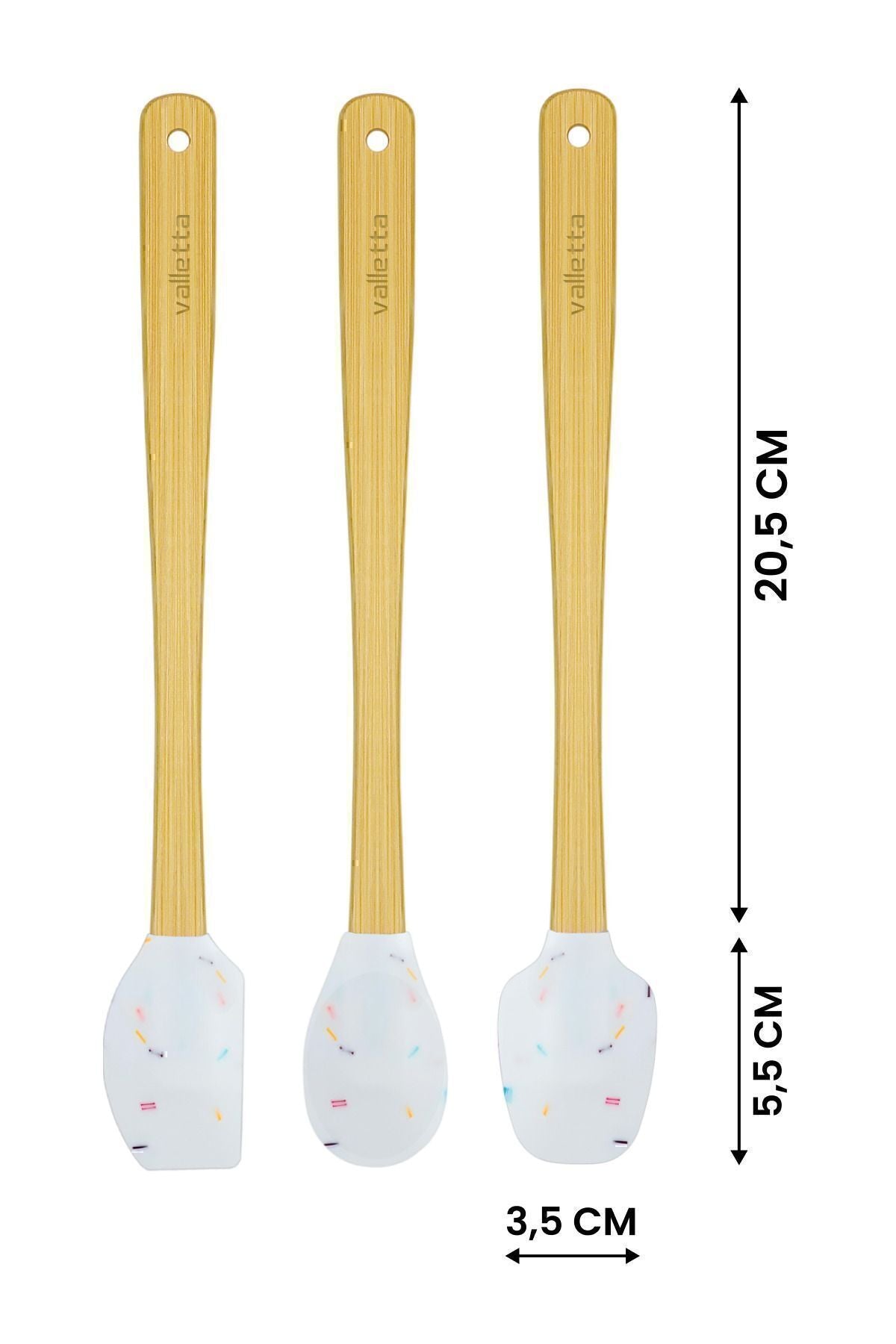 Indigo 3'lü Beyaz Renkli Noktalı Bambu Silikon Spatula Seti Uzun 26 cm