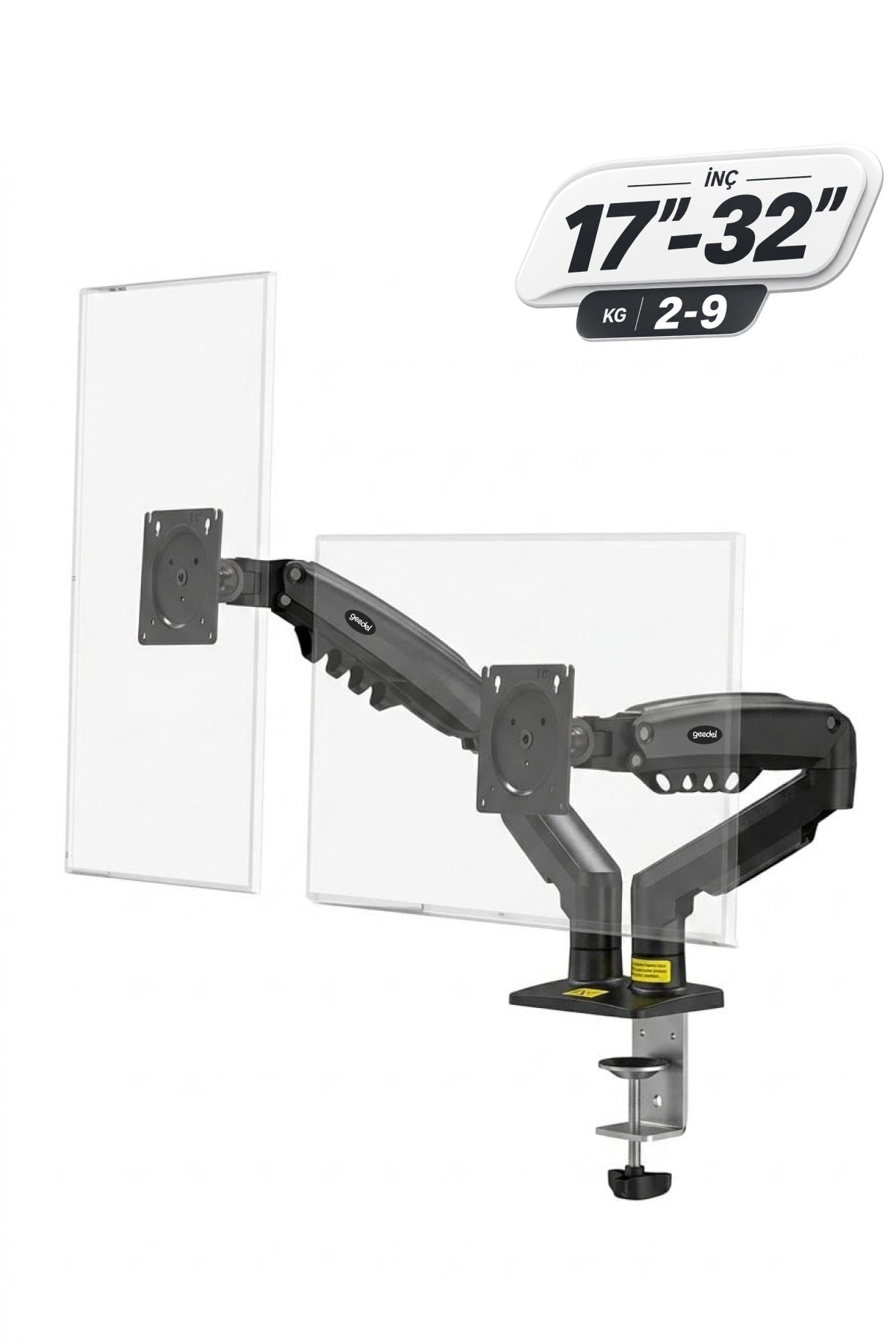 17-32 İnç Amortisörlü Çift Kollu Monitör Kolu Tam Hareketli VESA Uyumlu Masa Kelepçeli Monitör Standı (2-9 kg) - Siyah