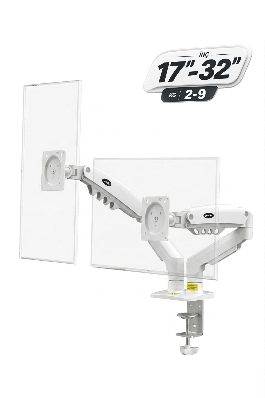 17-32 İnç Amortisörlü Çift Kollu Monitör Kolu Tam Hareketli VESA Uyumlu Masa Kelepçeli Monitör Standı (2-9 kg) - Beyaz