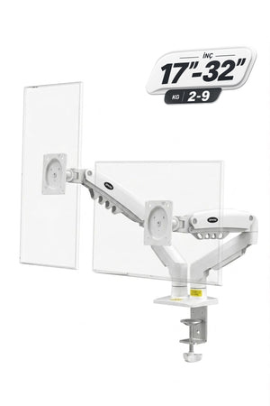 17-32 İnç Amortisörlü Çift Kollu Monitör Kolu Tam Hareketli VESA Uyumlu Masa Kelepçeli Monitör Standı (2-9 kg) - Beyaz