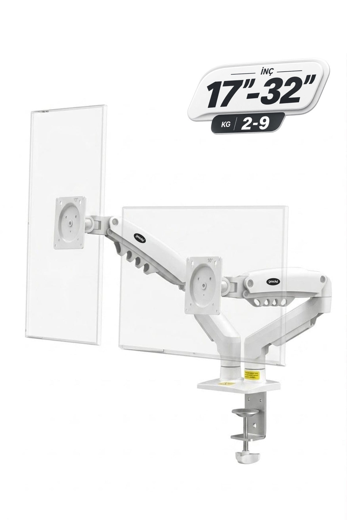 17-32 İnç Amortisörlü Çift Kollu Monitör Kolu Tam Hareketli VESA Uyumlu Masa Kelepçeli Monitör Standı (2-9 kg) - Beyaz