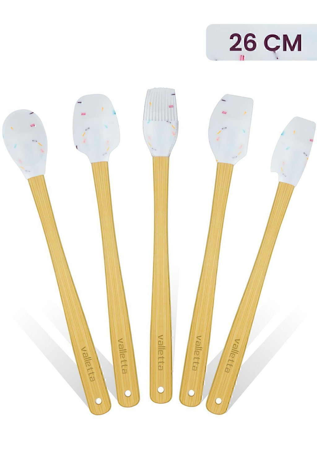 Indigo 5'li Beyaz Renkli Noktalı Bambu Silikon Spatula Seti Uzun 26 Cm