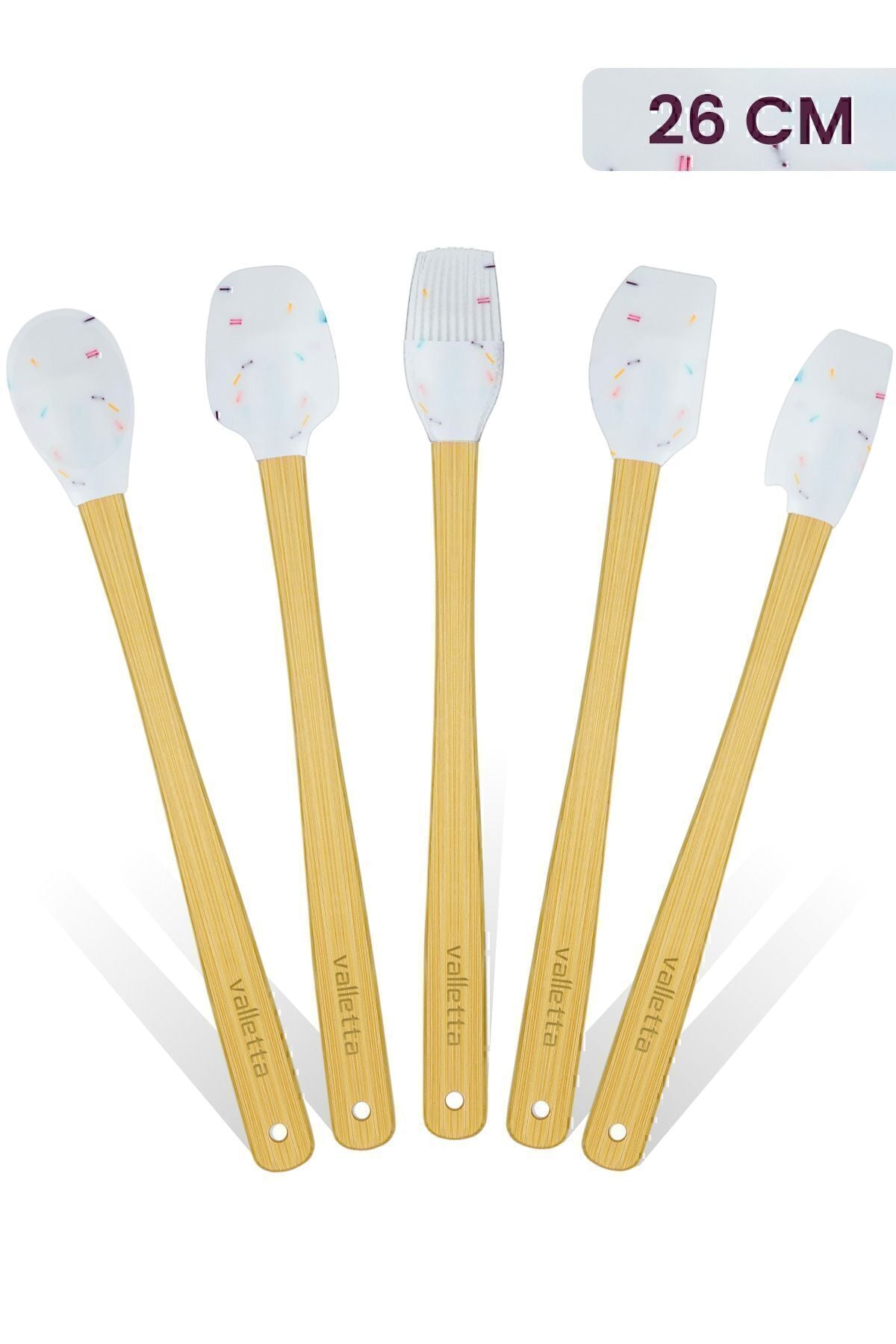 Indigo 5'li Beyaz Renkli Noktalı Bambu Silikon Spatula Seti Uzun 26 Cm