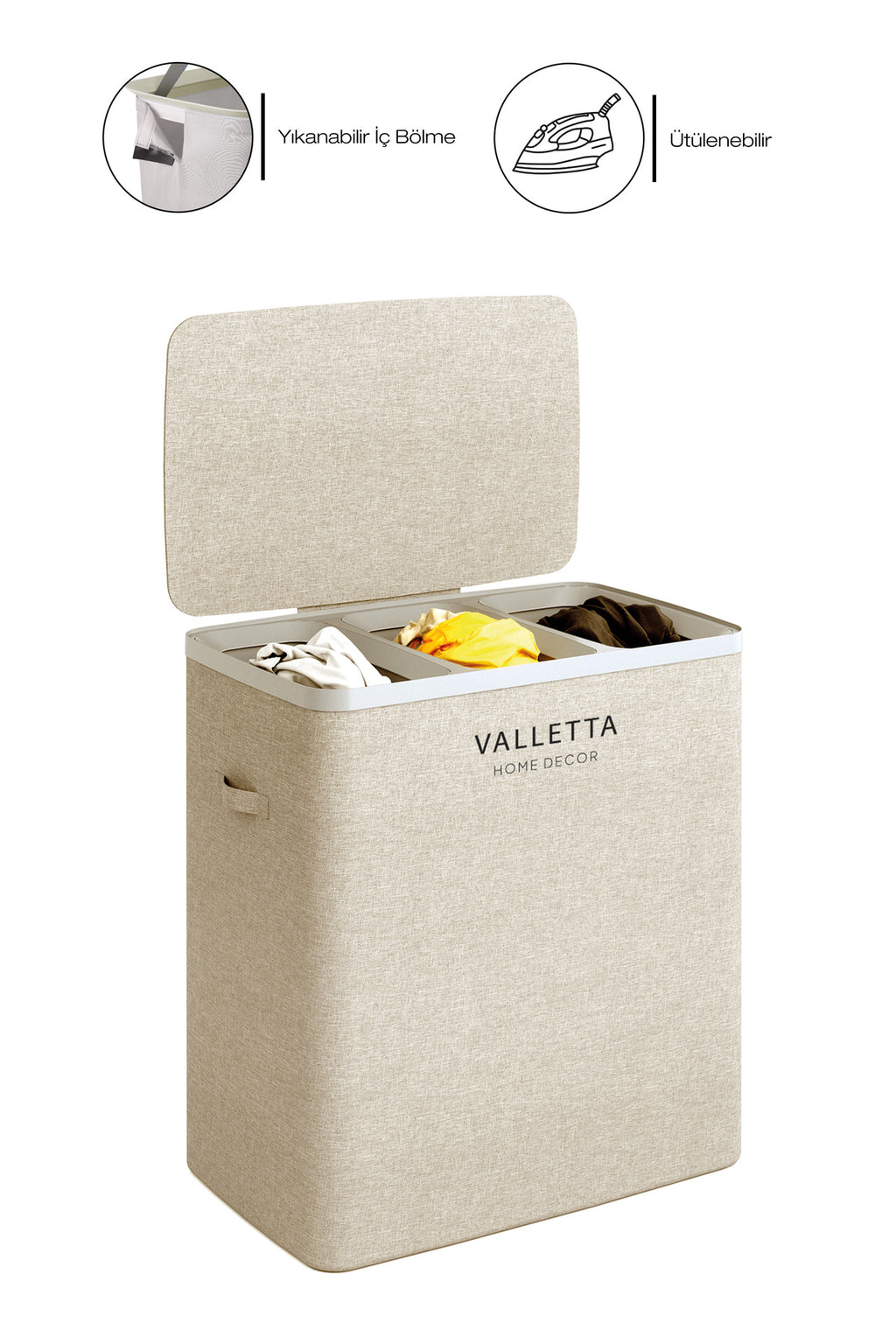 Paloma 120l Üç Yıkanabilir Bölmeli Katlanabilir Kumaş Kirli Çamaşır Sepeti Cappuccino Beige XL