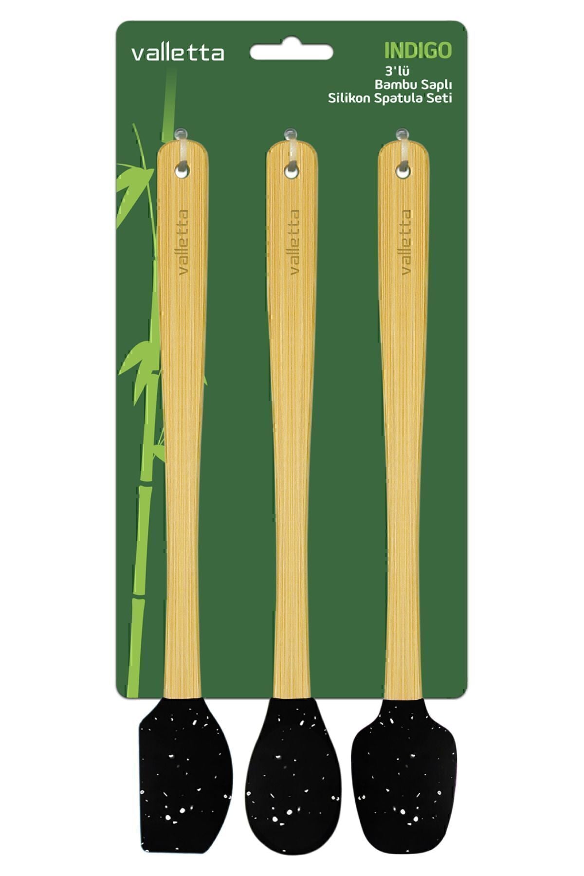Indigo 3'lü Siyah Noktalı Bambu Silikon Spatula Seti Uzun 26 cm