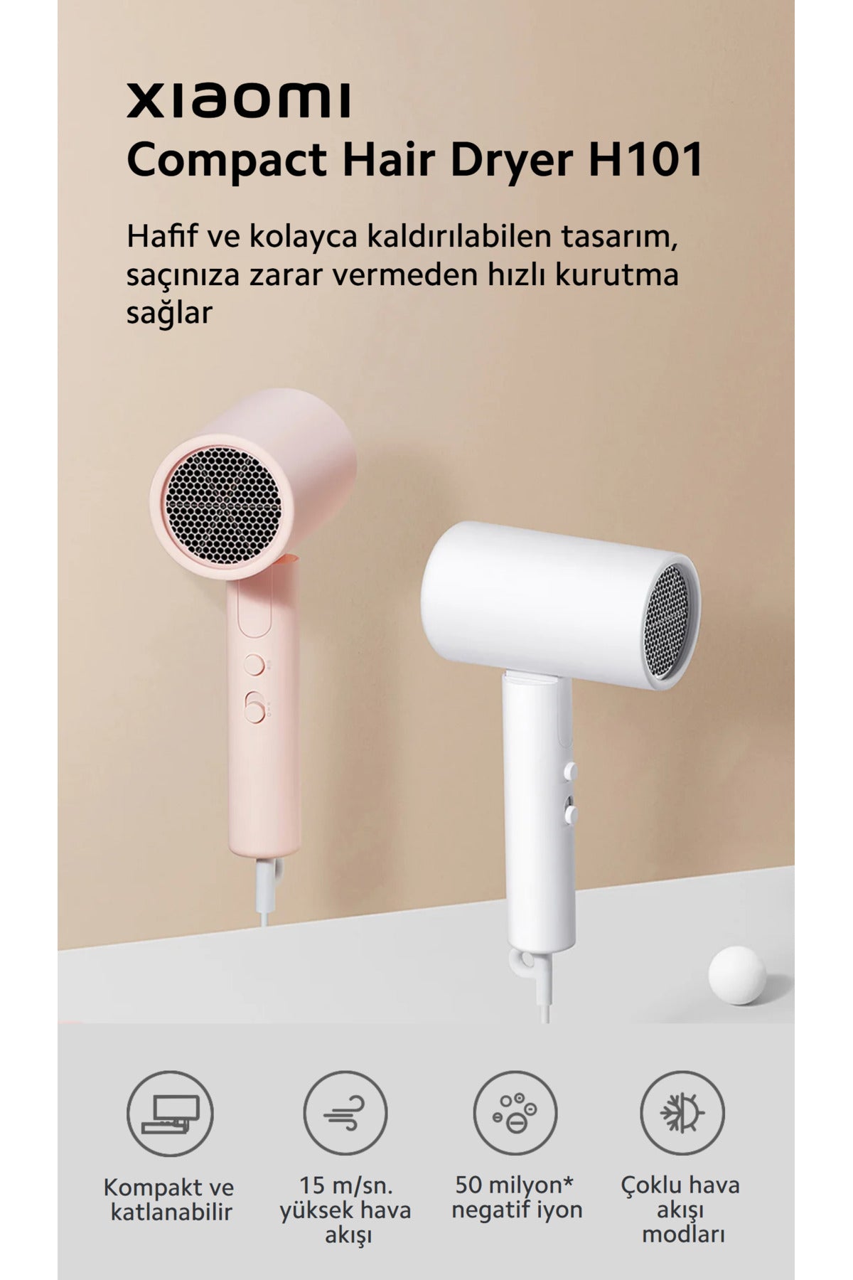 H101 Negatif iyon Saç Kurutma Makinesi 1600w Pembe 2024 Model Xiaomi Türkiye Garantili