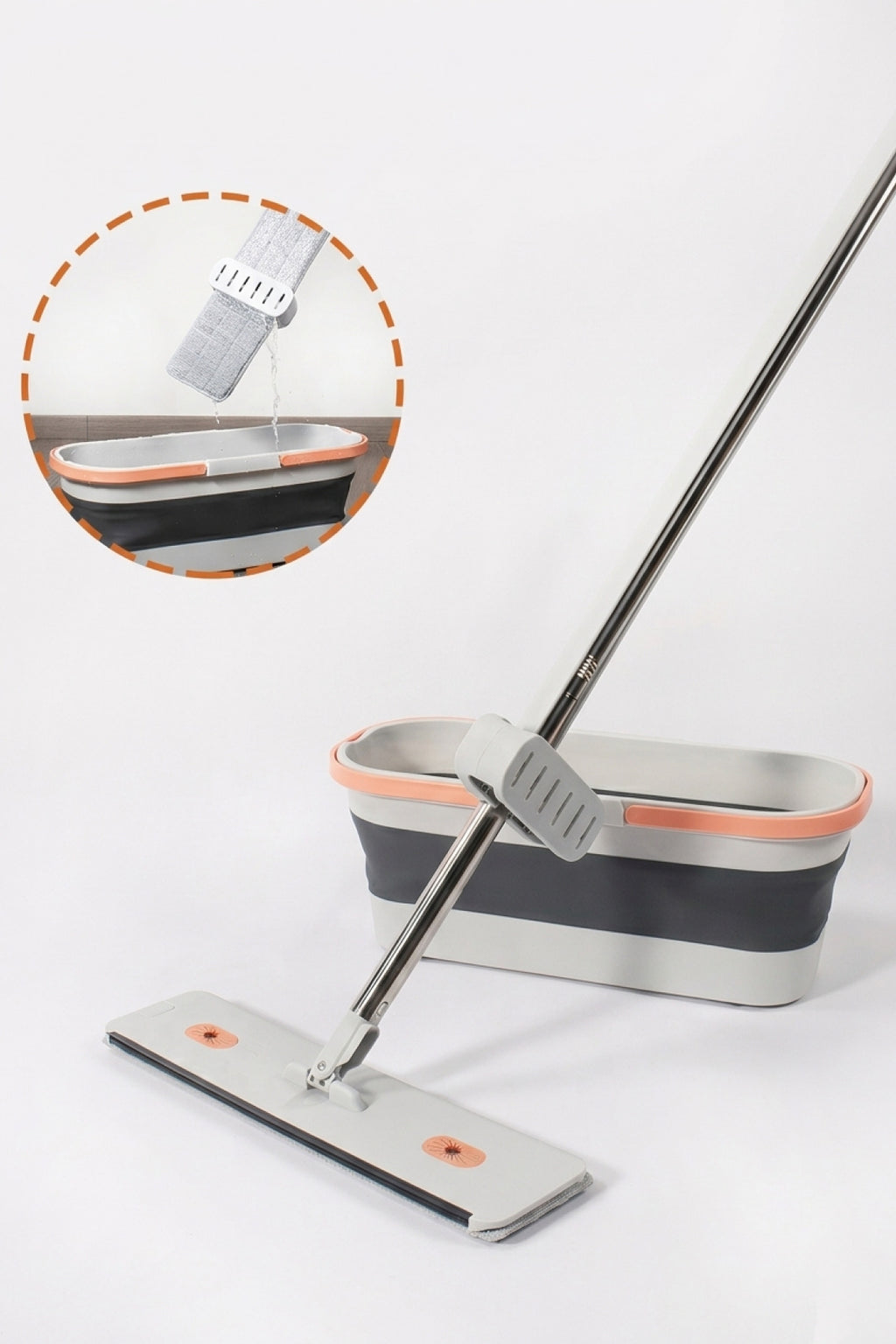 Gonzo Katlanabilir Temizlik Kovası, Kendinden Sıkmalı Mikrofiber Mop Seti - Gri Turuncu