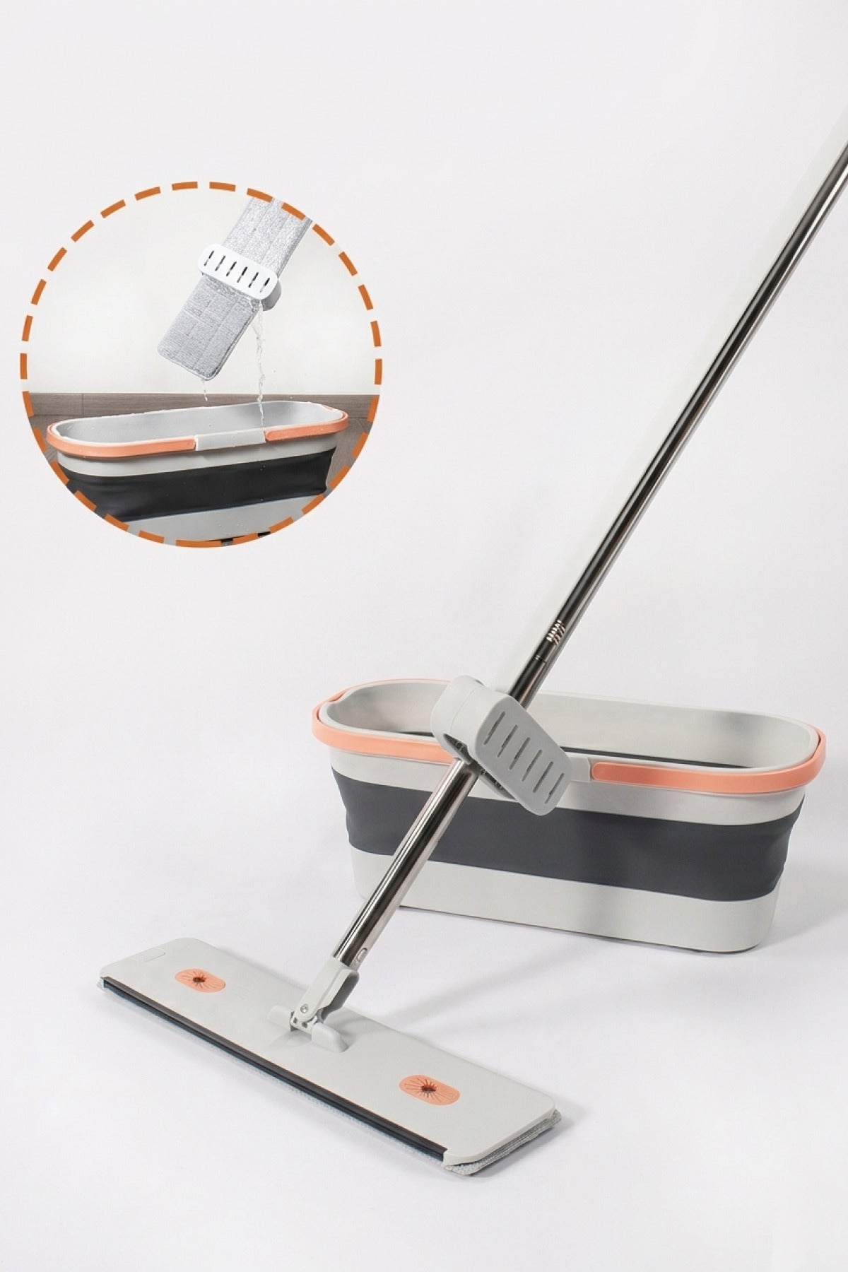 Gonzo Katlanabilir Temizlik Kovası, Kendinden Sıkmalı Mikrofiber Mop Seti - Gri Turuncu