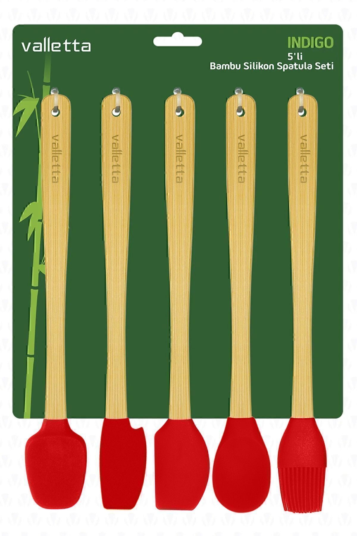 Indigo 5'li Kırmızı Bambu Silikon Spatula Seti Uzun 26 Cm