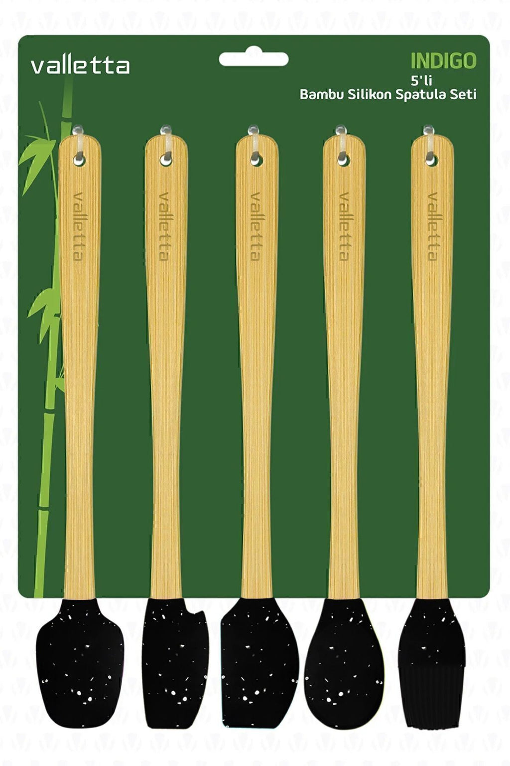 Indigo 5'li Siyah Noktalı Bambu Silikon Spatula Seti Uzun 26 Cm