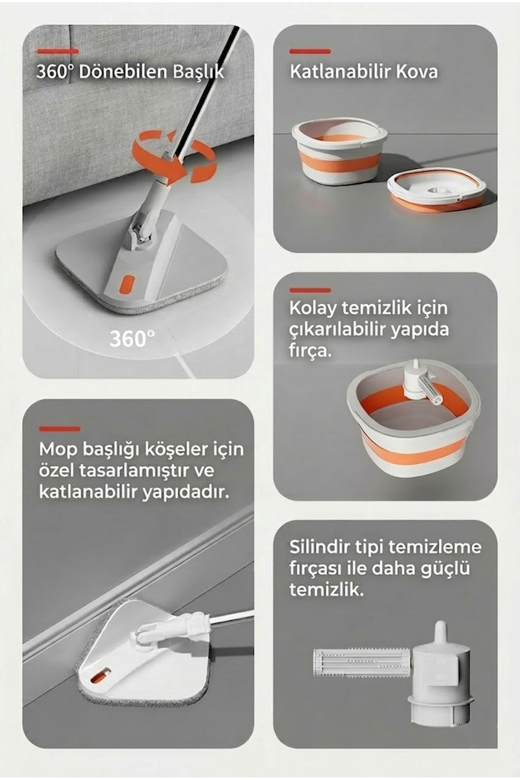 Vlora Akıllı Katlanır Kovalı Kolay Saklanabilir Temizlik Seti Mop Paspas