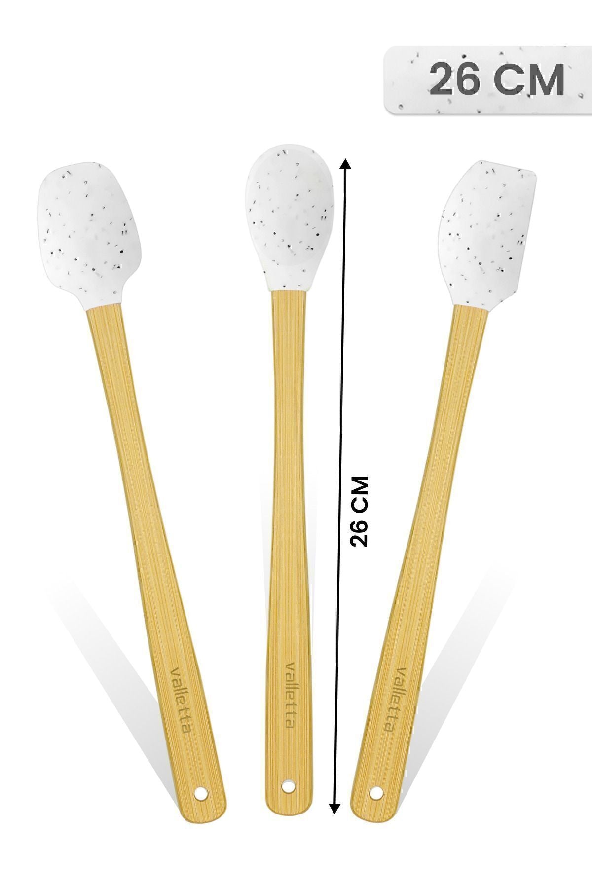 Indigo 3'lü Beyaz Noktalı Bambu Silikon Spatula Seti Uzun 26 cm