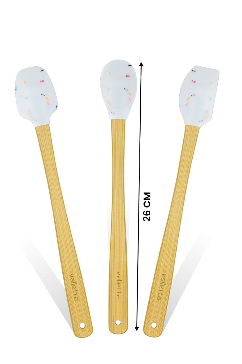 Indigo 3'lü Beyaz Renkli Noktalı Bambu Silikon Spatula Seti Uzun 26 cm