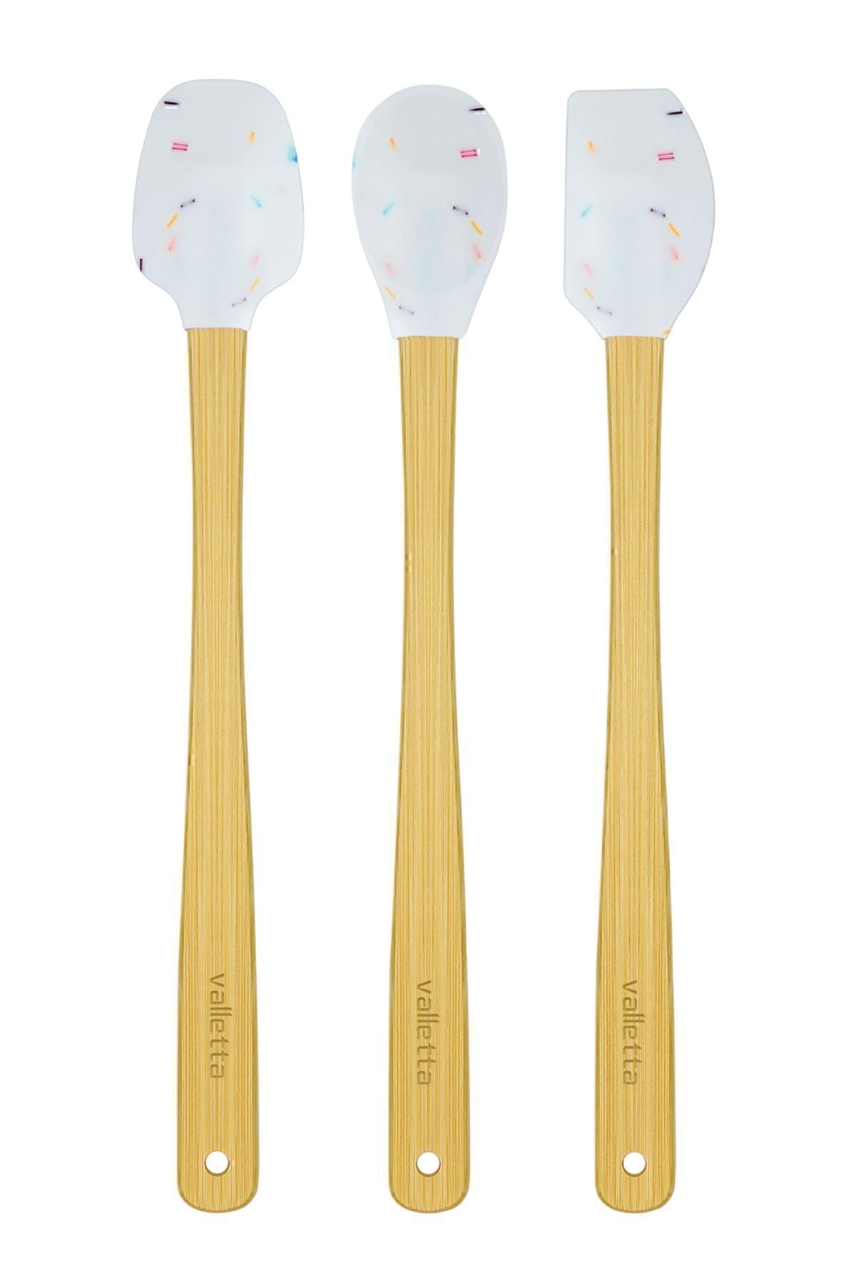 Indigo 3'lü Beyaz Renkli Noktalı Bambu Silikon Spatula Seti Uzun 26 cm