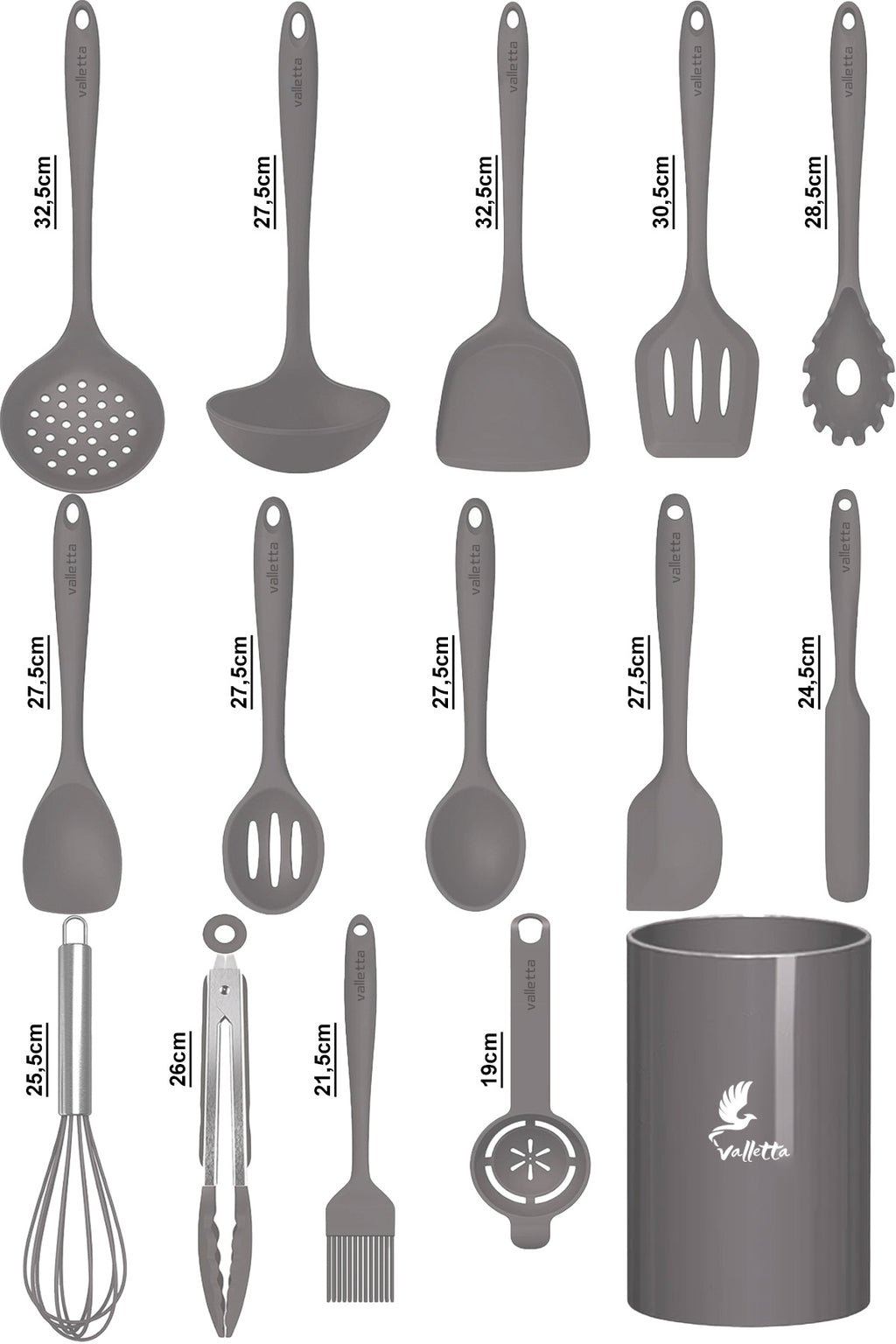 Trigona Isıya Dayanıklı Yanmaz Yapışmaz Silikon Spatula Seti 15 Parça Gri