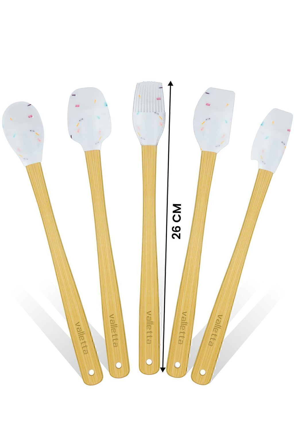 Indigo 5'li Beyaz Renkli Noktalı Bambu Silikon Spatula Seti Uzun 26 Cm