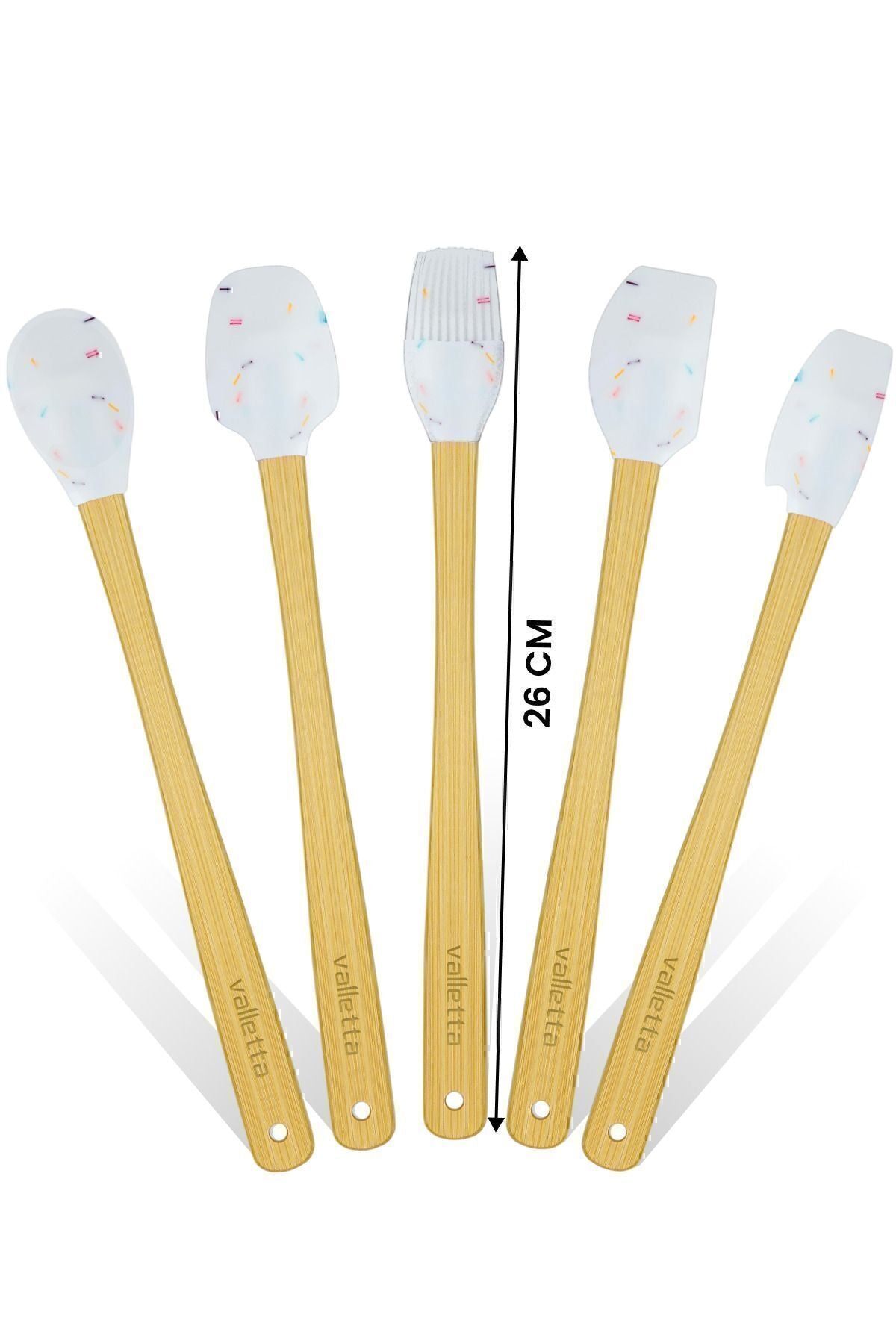 Indigo 5'li Beyaz Renkli Noktalı Bambu Silikon Spatula Seti Uzun 26 Cm
