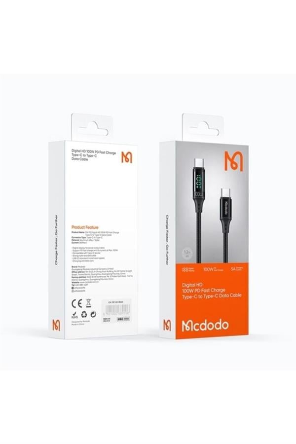 MCDODO CA-1100 100W TYPE-C TO TYPE-C DİJİTAL GÖSTERGELİ DATA-ŞARJ KABLOSU 5A 1.2M- SİYAH