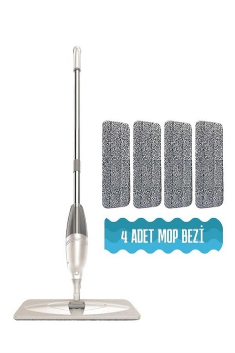 Vitello Sprey Mop 360 Derece Dönen Su Püskürtmeli Spray Mop 4 Adet Mikrofiber Mop Bez Beyaz