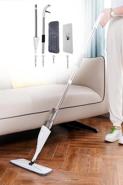 Vitello Sprey Mop 360 Derece Dönen Su Püskürtmeli Spray Mop 4 Adet Mikrofiber Mop Bez Beyaz