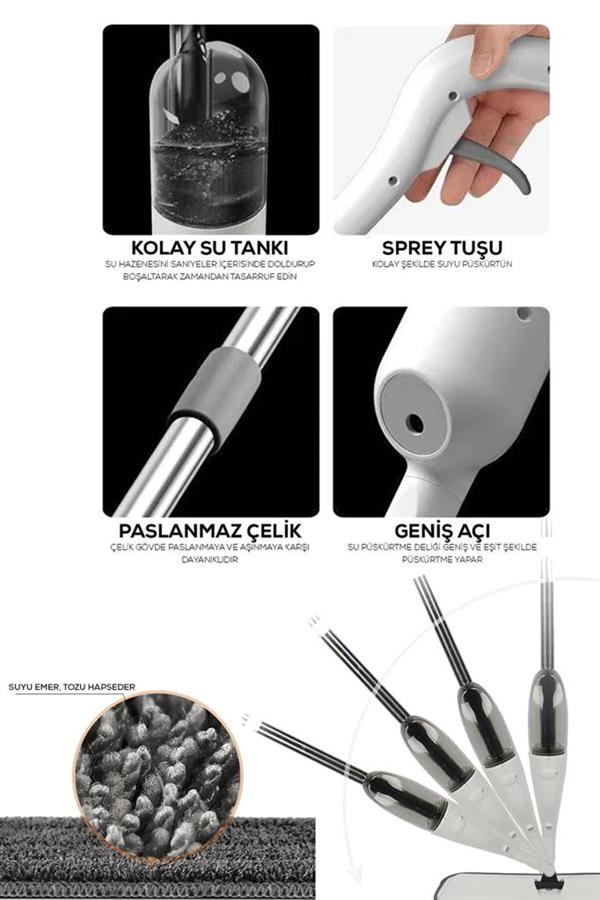 Vitello Sprey Mop 360 Derece Dönen Su Püskürtmeli Spray Mop 4 Adet Mikrofiber Mop Bez Beyaz